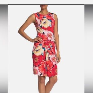 T Tahari Womens Sheath Dress Red Floral Ruched Panel Sleeveless Plus 24W